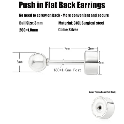 Sweetkiki Threadless Flat Back Earrings, 14K Gold Plated Ball Stud Earrings Hypoallergenic | Cartilage Earring | Helix Piercing Jewelry | Tragus Piercing Jewelry | Push in Flatback Earrings for Women Men - color: Silver, size: 3 Millimeters