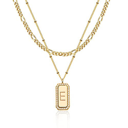 Gold Initial Necklace for Women 14K Gold Plated Figaro Chain Choker Layered Necklaces Set Bar Rectangle Pendant Necklaces Simple Dainty Letter Necklace Everyday Gold Jewelry - style: Letter E