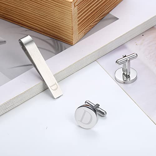 Initial Cuff Links Mens and Tie Clips for Men | Classic Silver Letter Alphabet A-Z Cufflinks and Tie Bar Set, Gifts for Men Father Husband for Formal Business Wedding - style: D