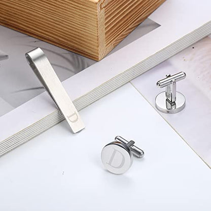Initial Cuff Links Mens and Tie Clips for Men | Classic Silver Letter Alphabet A-Z Cufflinks and Tie Bar Set, Gifts for Men Father Husband for Formal Business Wedding - style: D
