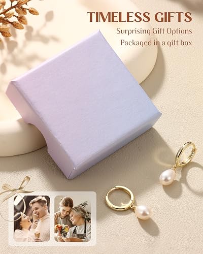 FIBO STEEL 14K Gold Plated Hoop Earrings with Charms for Women Huggie Hoops | Hypoallergenic 925 Sterling Silver Post Dangle Earrings Small Silver Gold Hoops Earring Cubic Zirconia Dangle Drop Jewelry - color: Pearl - 14K Gold Plated
