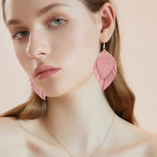 Handmade Bohemian Large Soft Genuine Leather Fringe Double Feather Dangle Drop Earrings Lightweight Simple Color PU Leaf Hook Earrings for Women - color: Pink