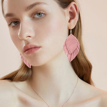 Handmade Bohemian Large Soft Genuine Leather Fringe Double Feather Dangle Drop Earrings Lightweight Simple Color PU Leaf Hook Earrings for Women - color: Pink