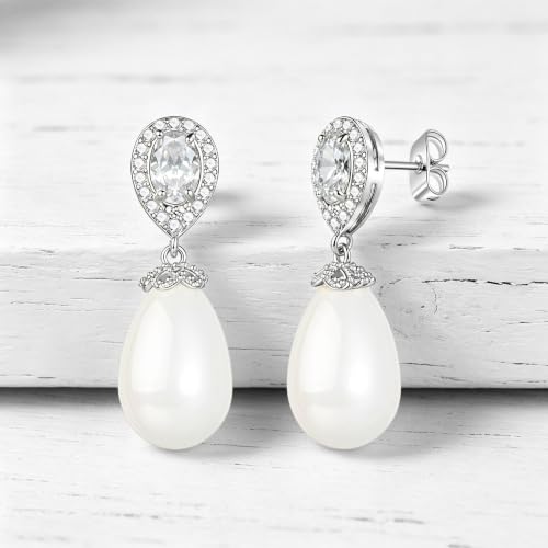 Teardrop Austrian Crystal & Pearl Drop Earrings,14K Gold Plated Elegant Dangle Earrings for Women, Bridal Wedding Jewelry Gift - color: Silver/Post