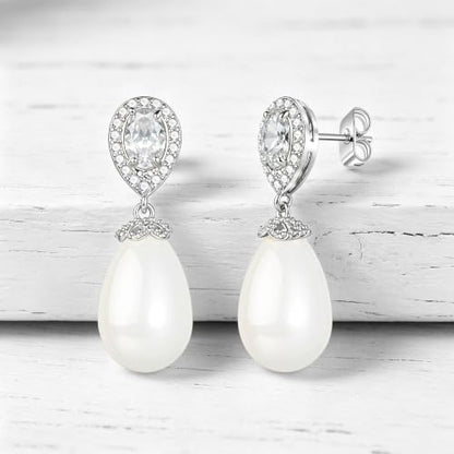 Teardrop Austrian Crystal & Pearl Drop Earrings,14K Gold Plated Elegant Dangle Earrings for Women, Bridal Wedding Jewelry Gift - color: Silver/Post