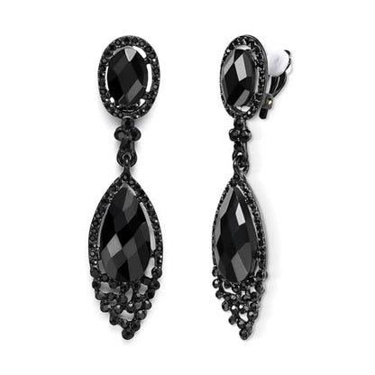 BriLove Women's Wedding Bridal Infinity Figure 8 Crystal Teardrop Chandelier Dangle Clip-On Earrings - color: Black Black-Tone
