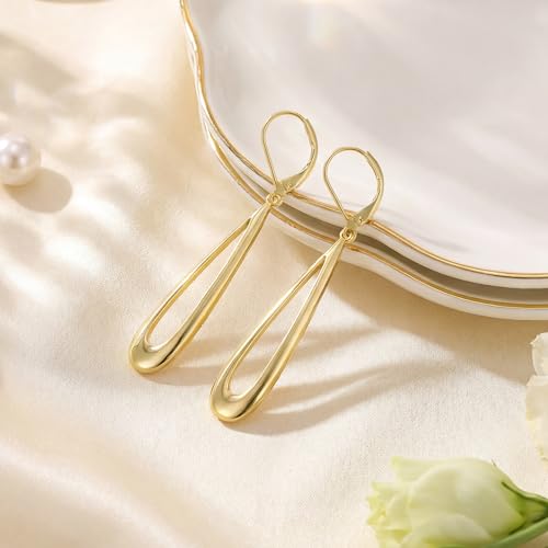 BoutiqueLovin Long Teardrop Dangle Earrings for Women | 14k Gold Plated Dangling Drop Earrings Silver HypoallergenicHollow Dangly Leverback Earings Lightweight Trendy Jewelry Gifts - color: 14K Gold