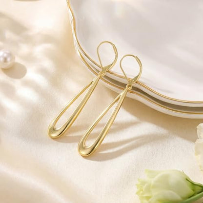 BoutiqueLovin Long Teardrop Dangle Earrings for Women | 14k Gold Plated Dangling Drop Earrings Silver HypoallergenicHollow Dangly Leverback Earings Lightweight Trendy Jewelry Gifts - color: 14K Gold