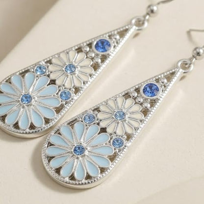 Bohemian Crystal Teardrop Dangle Earrings, Copper, Tribal Geometric Design, Handmade National Style for Women - color: Light Blue