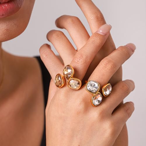 Geometric Crystal Statement Ring for Women Stainless Steel Adjustable Open Bezel Square Teardrop Austrian CZ Princess Cut Wedding Promise Finger Rings Comfort Fit Stacking Band Dainty Jewelry Art Deco - color: Clear Cz