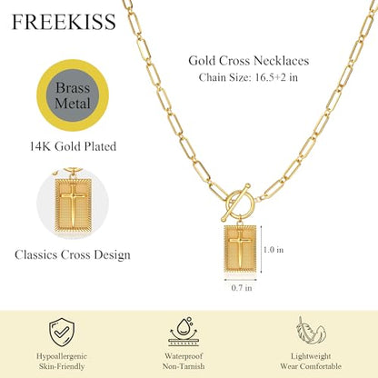 Freekiss 3-Piece Layered Toggle Necklace for Women | Gold/Silver necklace set with herringbone, rope, and paperclip chains plus a toggle clasp for layering, parties, and gifts - color: Gold Cross Necklace