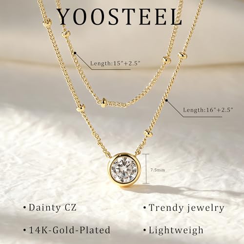 Yoosteel Layered 14K-Gold-Plated Necklace for Women,CZ Necklaces Stack | Dainty Cubic Zirconia Pendant Necklace,Simple Chain Choker Stackable,Trendy Jewelry,Wedding Bridesmaid Gifts - color: Layered Bezel Round CZ