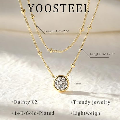 Yoosteel Layered 14K-Gold-Plated Necklace for Women,CZ Necklaces Stack | Dainty Cubic Zirconia Pendant Necklace,Simple Chain Choker Stackable,Trendy Jewelry,Wedding Bridesmaid Gifts - color: Layered Bezel Round CZ