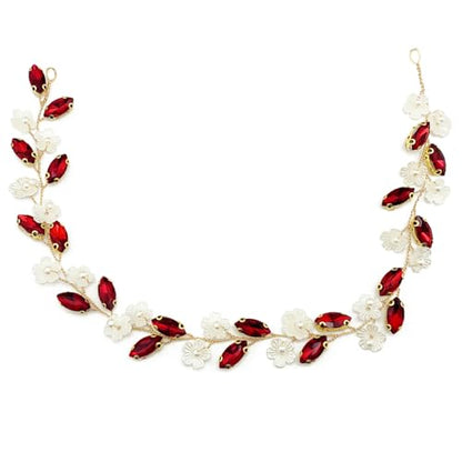 Bridal Crystal Flower Headband Wedding Rhinestone Pearl Floral Hair Vine Headpiece Accessories for Women Girls (Wine Red Crystal Gold Vine) - color: Wine Red Crystal Gold Vine