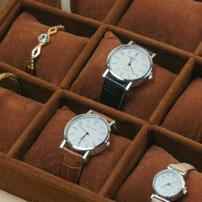 Jewelry Watch Tray, Coffee Velvet Watch Jewelry Organizer 12 Grid, Stackable Watch Bracelet Bangle Display Holder, Adjustable Pillows, for Man Woman Show Birthday - color: Coffee