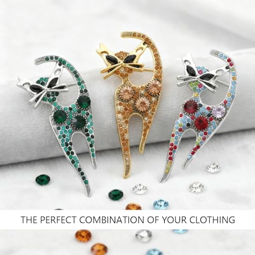 3 Pack Luxury Rhinestone Cat Brooch Pins, Silver Plated Crystal Animal Jewelry Set, Colorful Kitten Lapel Pins for Women, Party Accessories
