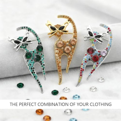 3 Pack Luxury Rhinestone Cat Brooch Pins, Silver Plated Crystal Animal Jewelry Set, Colorful Kitten Lapel Pins for Women, Party Accessories