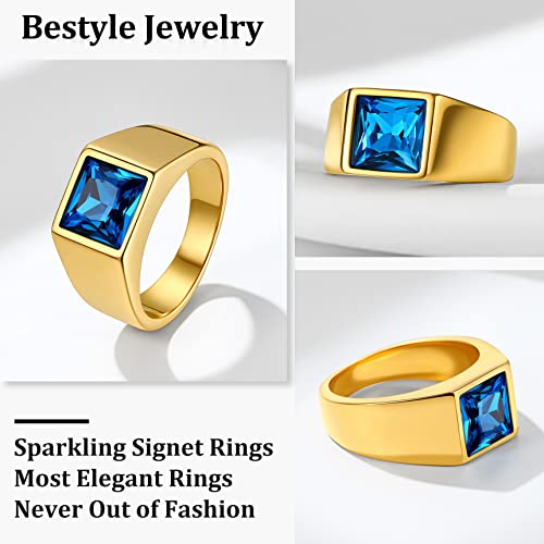 Bestyle Stainless Steel Men Signet Ring-Black/Blue Gemstone Band Ring-Classic Simple Thick Men Ring Size 7-14 - color: 01. 8MM Blue Zircon - Gold