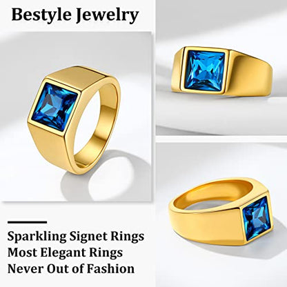 Bestyle Stainless Steel Men Signet Ring-Black/Blue Gemstone Band Ring-Classic Simple Thick Men Ring Size 7-14 - color: 01. 8MM Blue Zircon - Gold