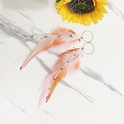 Long Bohemian Pheasant Feathers Statement Earrings Handmade Natural Lightweight Feather Dangle Earrings for Women (ea000067) - color: Pink&Brown