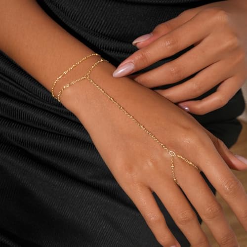 Bracelets for Women, Dainty Gold Silver Ring Bracelet Hand Chain | Cubic Zirconia Pearl Charms, 14K Gold Plated, Adjustable Fit, Trendy Stackable Link Chain, Waterproof Jewelry, Gift for Her - color: Gold-dot hand chain bracelet-2 pieces