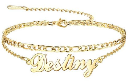 Custom Ankle for Women for Women 18K Gold Plated Adjustable Name Anklet Customized Beach Anklet Gifts - color: Name Anklet with Figaro Chain