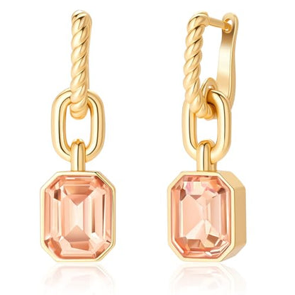 Birthstone Crystal Dangle Drop Earrings, 18K Gold Plated Huggie HoopEarring | Hypoallergenic Earring Jewelry Gifts for Women, Birthdays, anniversaries, weddings - color: Light Topaz-1