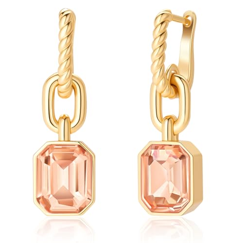 Birthstone Crystal Dangle Drop Earrings, 18K Gold Plated Huggie HoopEarring | Hypoallergenic Earring Jewelry Gifts for Women, Birthdays, anniversaries, weddings - color: Light Topaz-1
