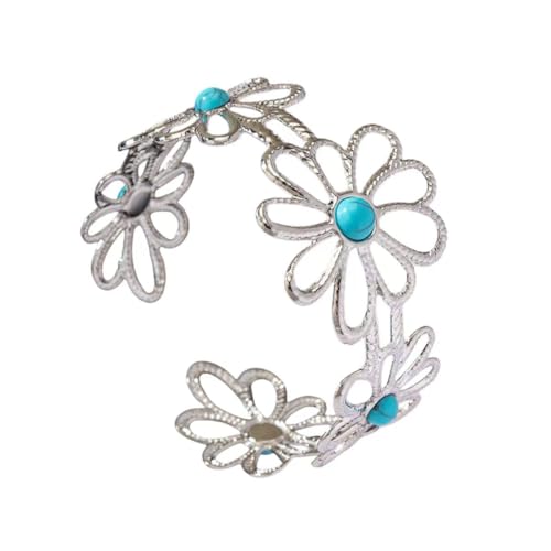 Soyzvteo Western Silver Cuff Bracelet Bohemian Turquoise Engraved Bangle Bracelet Vintage Trendy Boho Outfits Dresses Jewelry Gift - color: E