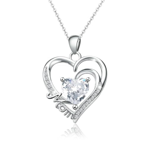Sterling Silver Mom Heart Pendant Necklace for Women- Classic Adjustable Double Love Heart-Shaped Charm Necklace Hypoallergenic Cubic Zirconia Fashion Jewelry Gifts for Wife Mother