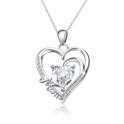 Sterling Silver Mom Heart Pendant Necklace for Women- Classic Adjustable Double Love Heart-Shaped Charm Necklace Hypoallergenic Cubic Zirconia Fashion Jewelry Gifts for Wife Mother