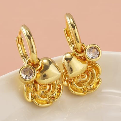 Dangle Gold Charm Earrings for Women 14K Gold Plated Bow Cherry Rose Zirconia Dragonfly Love Heart Wing Cross Pearl Conch Seashell Huggie Hoop Earring Drop Cross Trendy Party Jewelry Gifts for Women - style: Rose and Heart