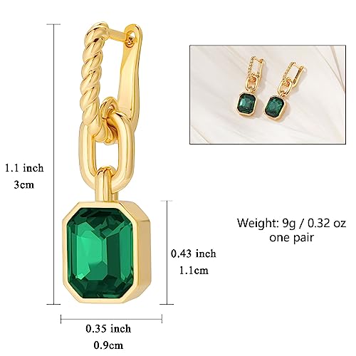 Birthstone Crystal Dangle Drop Earrings, 18K Gold Plated Huggie HoopEarring | Hypoallergenic Earring Jewelry Gifts for Women, Birthdays, anniversaries, weddings - color: Green-1