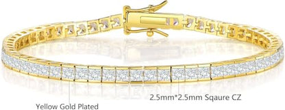 Square Cubic Zirconia Tennis Bracelet for Women, 2.5mm Thin 2.5 * 2.5mm Square Cut 18K Yellow Gold/White Gold Plated Elegant Everyday Jewelry Gift - color: 2.5 * 2.5mm Square Bracelet-Gold, size: 6 inch