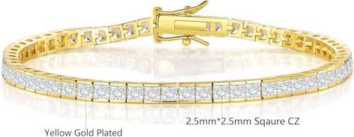 Square Cubic Zirconia Tennis Bracelet for Women, 2.5mm Thin 2.5 * 2.5mm Square Cut 18K Yellow Gold/White Gold Plated Elegant Everyday Jewelry Gift - color: 2.5 * 2.5mm Square Bracelet-Gold, size: 7 inch