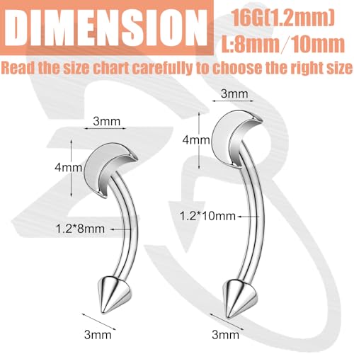 ZS 2 Pairs Stainless Steel Eyebrow Rings, 16G Curved Belly Rings Navel Barbell Helix Daith Tragus Earrings, 8/10mm Spike Vertical Labret Lip Piercing Jewelry - color: Silver,Moon-L:8/10mm