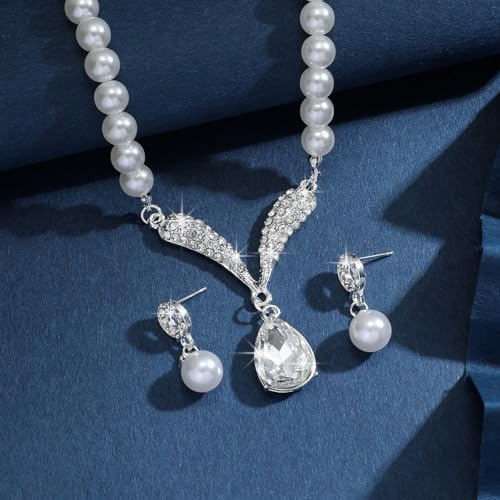 Pearl Necklace and Earring Set for Women,Pearl Jewelry Set Fake Pearls Necklace Imitation Beaded Collar de Perlas Para Mujer Necklaces for Prom Bridesmaid Costume Accessories - color: A-Silver