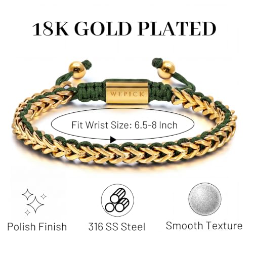 18K Gold-Plated Bracelets for Men Franco Link Chain Adjustable | Stainless Steel Bracelet, Gold Beads Bracelet, Handcrafted Braided, Mens Jewelry Birthday Gift for Men - color: Gold with Green