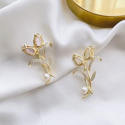 coadipress Tulip Floral Brooch Pin for Women Dainty Gold Plated Rhinestone Pearl Tulip Flower Green Leaf Broochs Pins Trendy Wedding Party Jewelry Accessories - style: white