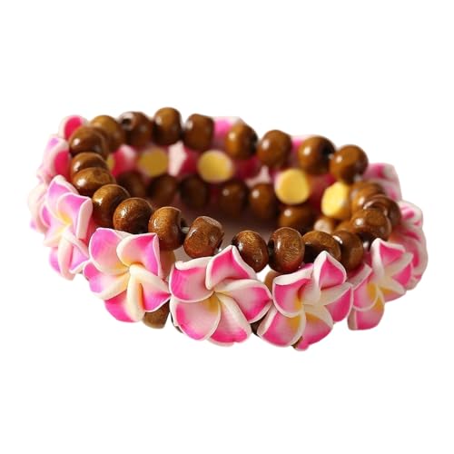 Hawaiian Plumeria Rubra Wooden Beaded Bracelet for Women Boho Polymer Clay Plumeria Flower Stretch Bracelet Summer Beach Jewelry - color: Hot Pink