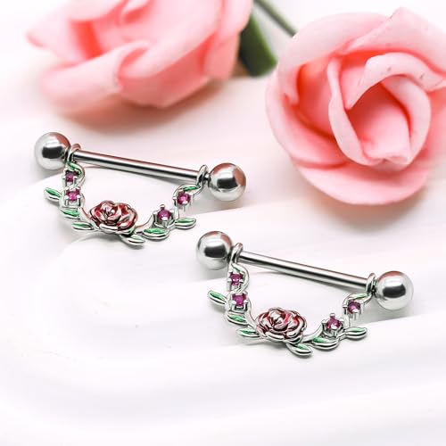 2pcs 14G Nipple Rings Flower Nipple Bars Surgial Steel 316L Nipple Piercing Jewelry Heart Nipple Barbell for Women - color: ROSY