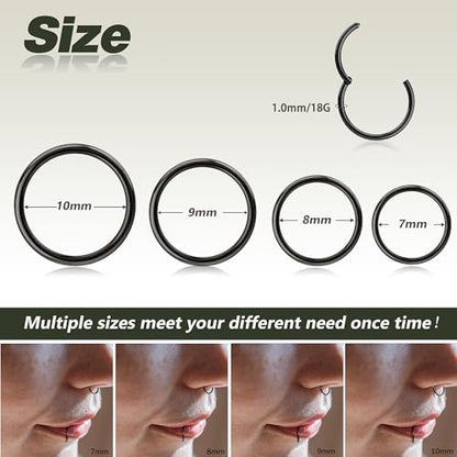 4/5/8 pcs 16G/18G/20G 316L Surgical Steel Hinged Nose Rings Hoops Lip Septum Rings Helix Conch Rook Cartilage Tragus Earrings Piercing Jewelry Black Silver Gold Plated Nose Rings Women Men - color: Black - 18G (7mm-10mm) - 4PCs