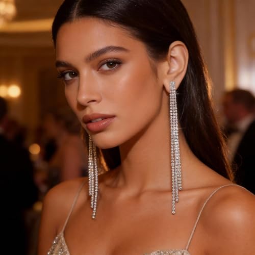 Rhinestone Earrings Prom Earrings for Women Sparkly Long Tassel Chandelier Drop Statement Earring Jewerly Gifts Wedding Party Prom Dresses Accessories - color: D1:silver