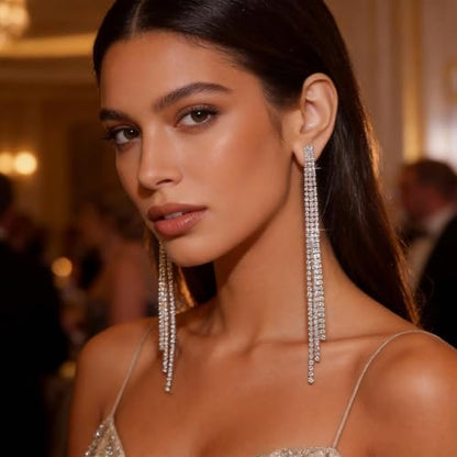 Rhinestone Earrings Prom Earrings for Women Sparkly Long Tassel Chandelier Drop Statement Earring Jewerly Gifts Wedding Party Prom Dresses Accessories - color: D1:silver