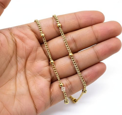 Stainless Steel Chain Ankle Bracelet for Women Adjustable Waterproof Anklet - color: Gold / Double Layer Bead Station Link