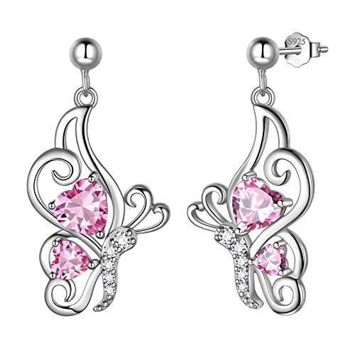 Butterfly Heart Necklace Birthstone Pendant Necklace Earrings Bracelet Women 925 Sterling Silver Animal Butterflies Birthstone Pendant Crystal Birthday Jewelry Wedding Gift - color: J.October-earrings