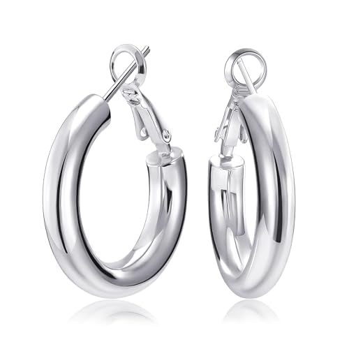SHOWNII Chunky Gold Hoop Earrings - 14K Gold Plated Earrings for Women Hollow Tube Lightweight Thick Hoops 20/25/30/40mm Valentines Graduation Mother's Day Birthday Gifts - color: 25 Millimeters-White Gold Plated