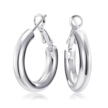 SHOWNII Chunky Gold Hoop Earrings - 14K Gold Plated Earrings for Women Hollow Tube Lightweight Thick Hoops 20/25/30/40mm Valentines Graduation Mother's Day Birthday Gifts - color: 25 Millimeters-White Gold Plated