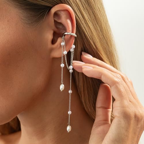 Heart Pearl Hoop Earrings Sliver Long Tassel Chain Huggie Hoop Earrings Pearl Beaded Drop Earring for Women Wedding Jewelry - color: pearl
