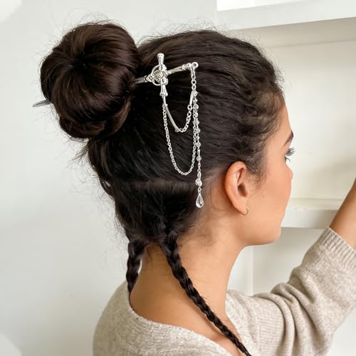 Sword Tassels Hair Pins for Women - Silver Long Ancient Style Tassels Metal Chopsticks Chinese Hair Sticks Pin Decorative Silver Medieval Renaissance Chinese Hair Accessories for Women Jewelry - color: Silver